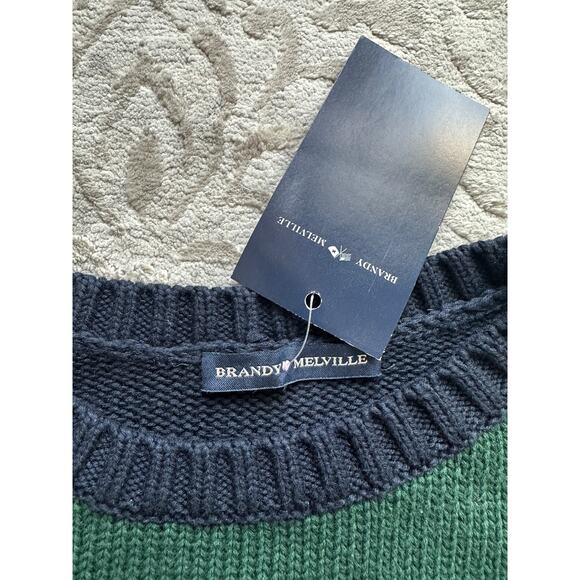 Brandy Melville Striped Crewneck Sweater Navy Green One Size 100% Cotton NWT - Picture 6 of 6